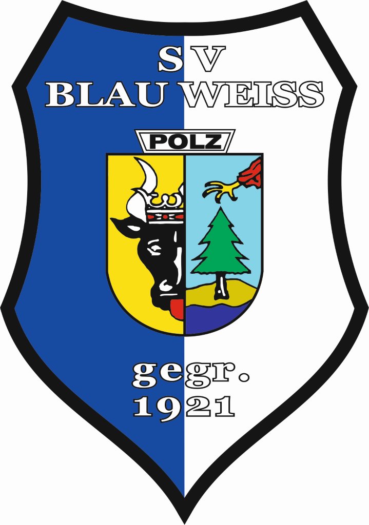 Wappen des SV Blau Weiß mit Kuhkopf, Baum, Bergen; Farbe: Blau, Weiß, Gelb, Rot; Text: "gegr. 1921".