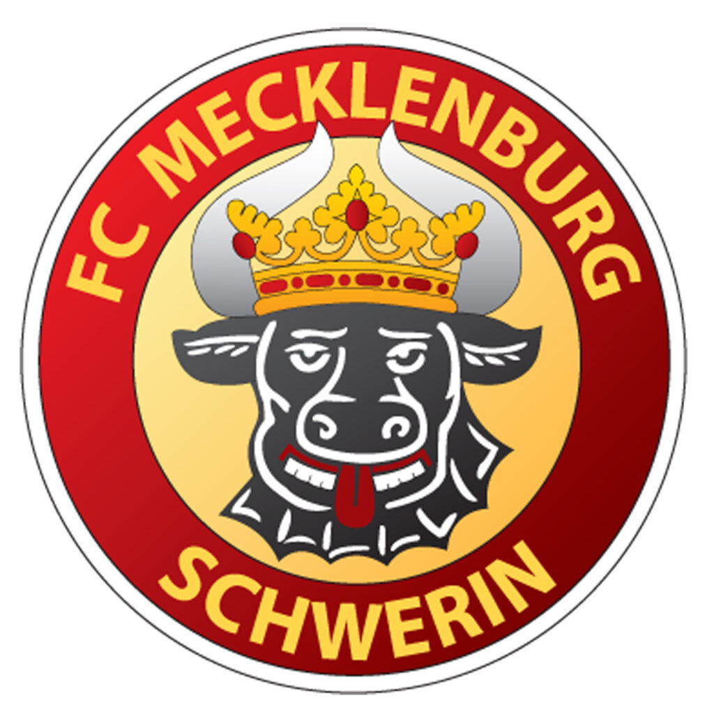 Rotes Logo des FC Mecklenburg Schwerin mit gekröntem Stierkopf auf gelbem Hintergrund.