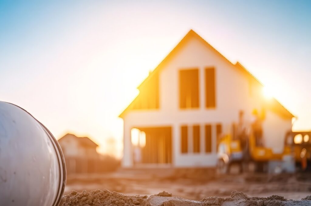 Eine Baustelle bei Sonnenuntergang mit einem Haus und Baumaschinen im Hintergrund.