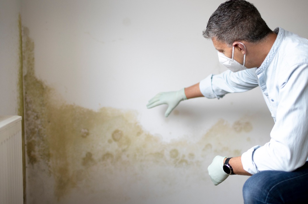 Ein Mann mit Mund-Nasen-Maske und blauem Hemd vor einer Wand mit Schimmelbefall